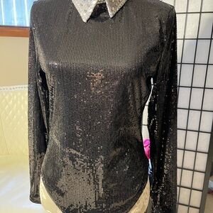 Fancyinn Black Sequin Blouse with Silver Collar
